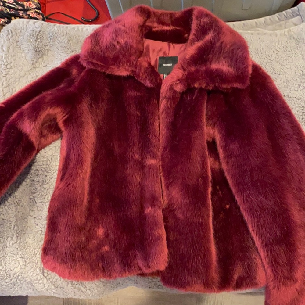Burgundy faux fur coat